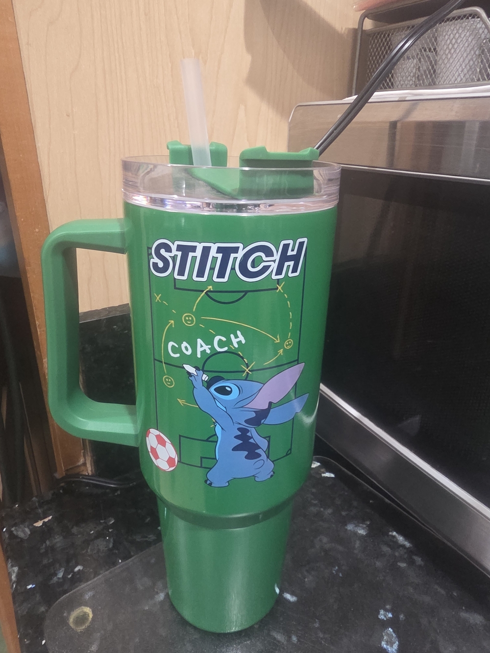 Stitch Coach Green Travel Tumbler with Handle and Straw